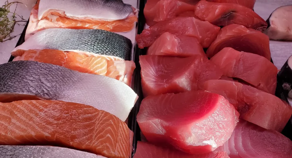 Fresh salmon and tuna.